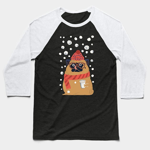 Pug in Snow Baseball T-Shirt by huebucket